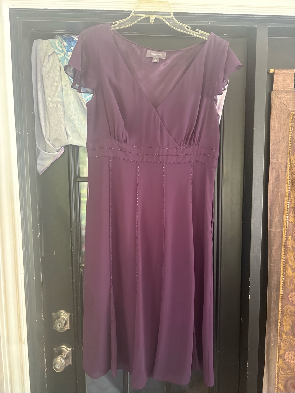 Liz Claiborne Plum V-Neck Midi Dress with Flutter Sleeves